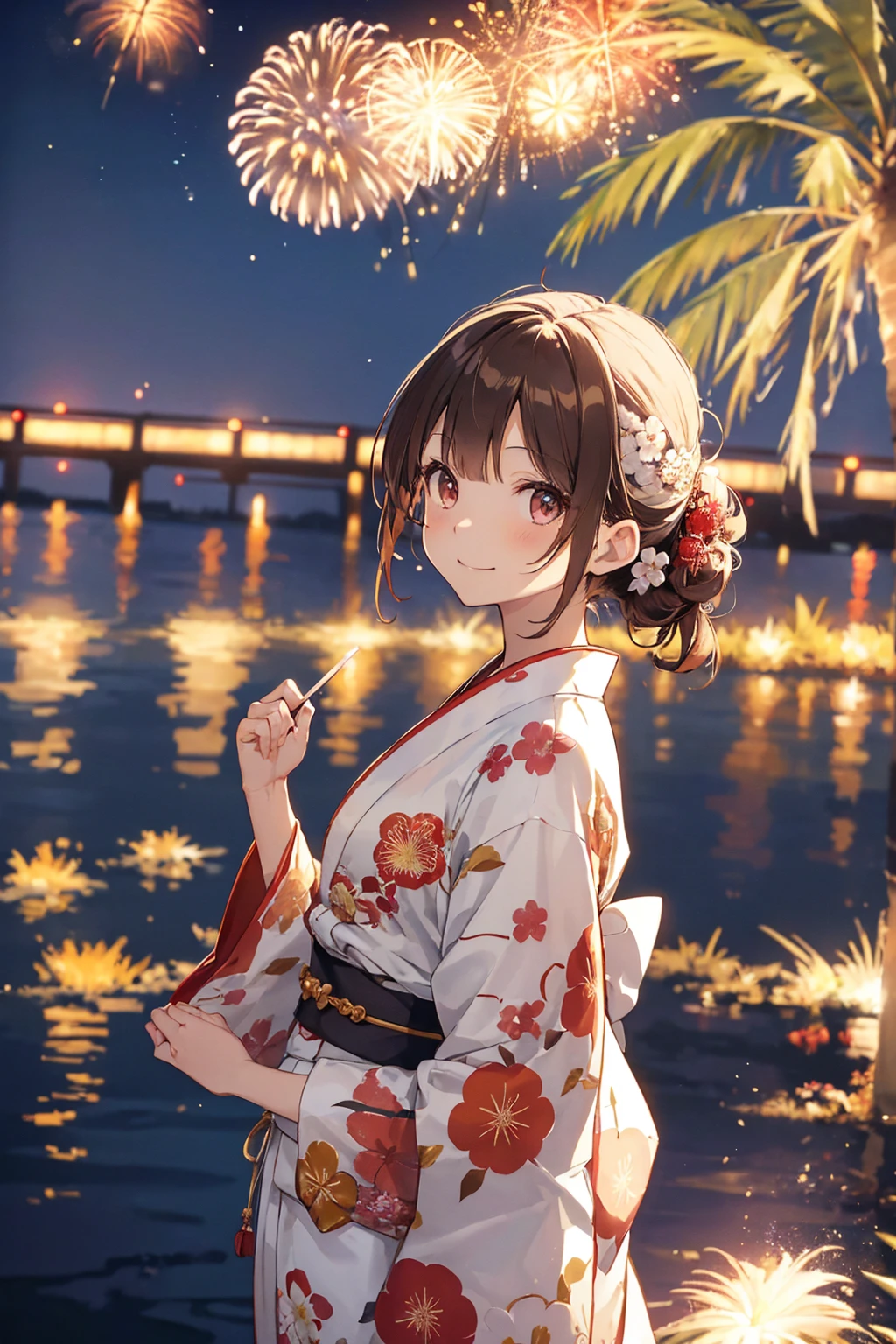 ((Highest quality, 8k, masterpiece: 1.3)),RAW Photos,Realistic atmosphere,Lens flare, Ray Tracing,Slender beauty,浴衣を着ていても分かるthin身体,Small breasts,Flat chest,thin,(Detailed beautiful white skin:1.3),Beautiful Japanese, High resolution face,shiny light brown hair,Hair Bun,Red and gold hair ornament,(Watching the fireworks wearing a floral yukata:1.2),Huge fireworks,(White yukata with sleeves:1.2),((Wrinkled Heko Obi:1.3)),((Looking back with an innocent smile:1.3)),ぼやけたLarge fireworks,(Lots of colorful fireworks:1.2),Fireworks bursting into the sky,Large fireworks,Fireworks across the sky,A foot of jade,Anime Scenery, Produced by Anime Artist Studio, Background artwork,