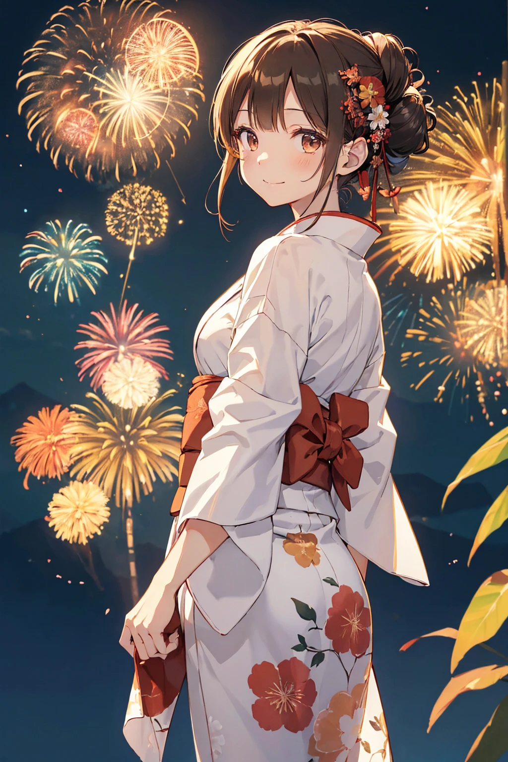 ((Highest quality, 8k, masterpiece: 1.3)),RAW Photos,Realistic atmosphere,Lens flare, Ray Tracing,Slender beauty，浴衣を着ていても分かるthin身体，Small breasts，Flat chest，thin，(Detailed beautiful white skin:1.3),Beautiful Japanese, High resolution face,shiny light brown hair,Hair Bun,Red and gold hair ornament,(Watching the fireworks wearing a floral yukata:1.2),Huge fireworks,(White yukata with sleeves:1.2),((Wrinkled Heko Obi:1.3)),((Looking back with an innocent smile:1.3)),ぼやけたLarge fireworks,(Lots of colorful fireworks:1.2),Fireworks bursting into the sky,Large fireworks，Fireworks across the sky，A foot of jade，Anime Scenery, Produced by Anime Artist Studio, Background artwork, 
