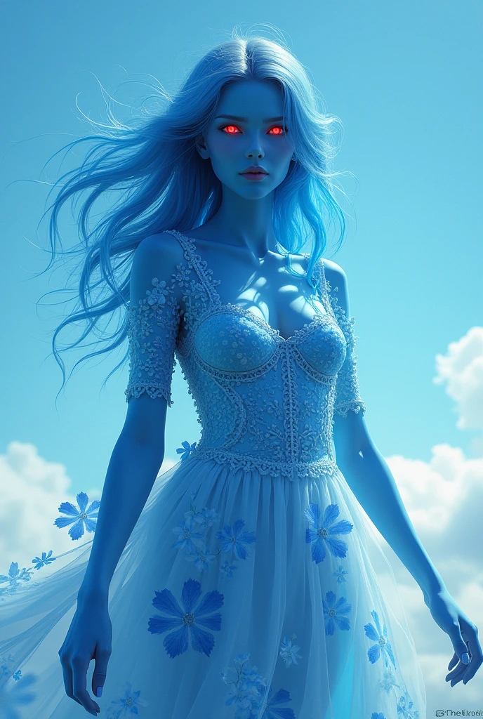 Blue skin woman, Eyes red, flowered dress, clear sky
