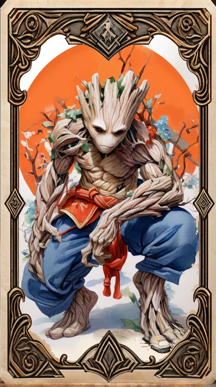 a close up of a rare game card of a grooter with a flower crown, groot, i am groot, high detailed official artwork, ent, from guardians of the galaxy, rabbit groot as marble statue, artbook artwork, artgerm and james jean, large view, full art, treant, inspired by Kanō Hōgai, the oracle of trees