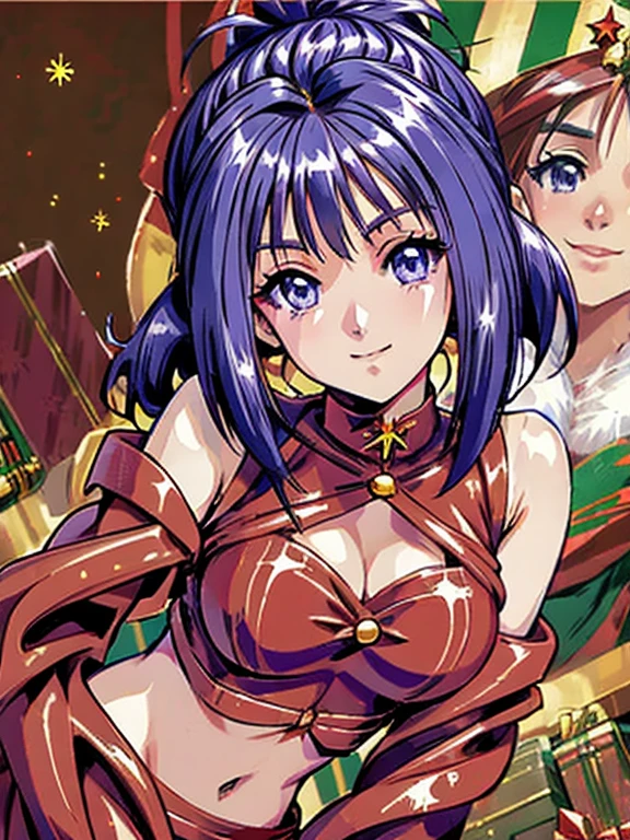 ((masterpiece)),((Ayako Katagiri)),((Katagiri Ayako)),((Mischievous Smile)),Anatomically perfect fingers,(((Christmas))),(((Santa Claus Costume))),winter,Separate costumes,Exposed navel,sexy,Exposed shoulders