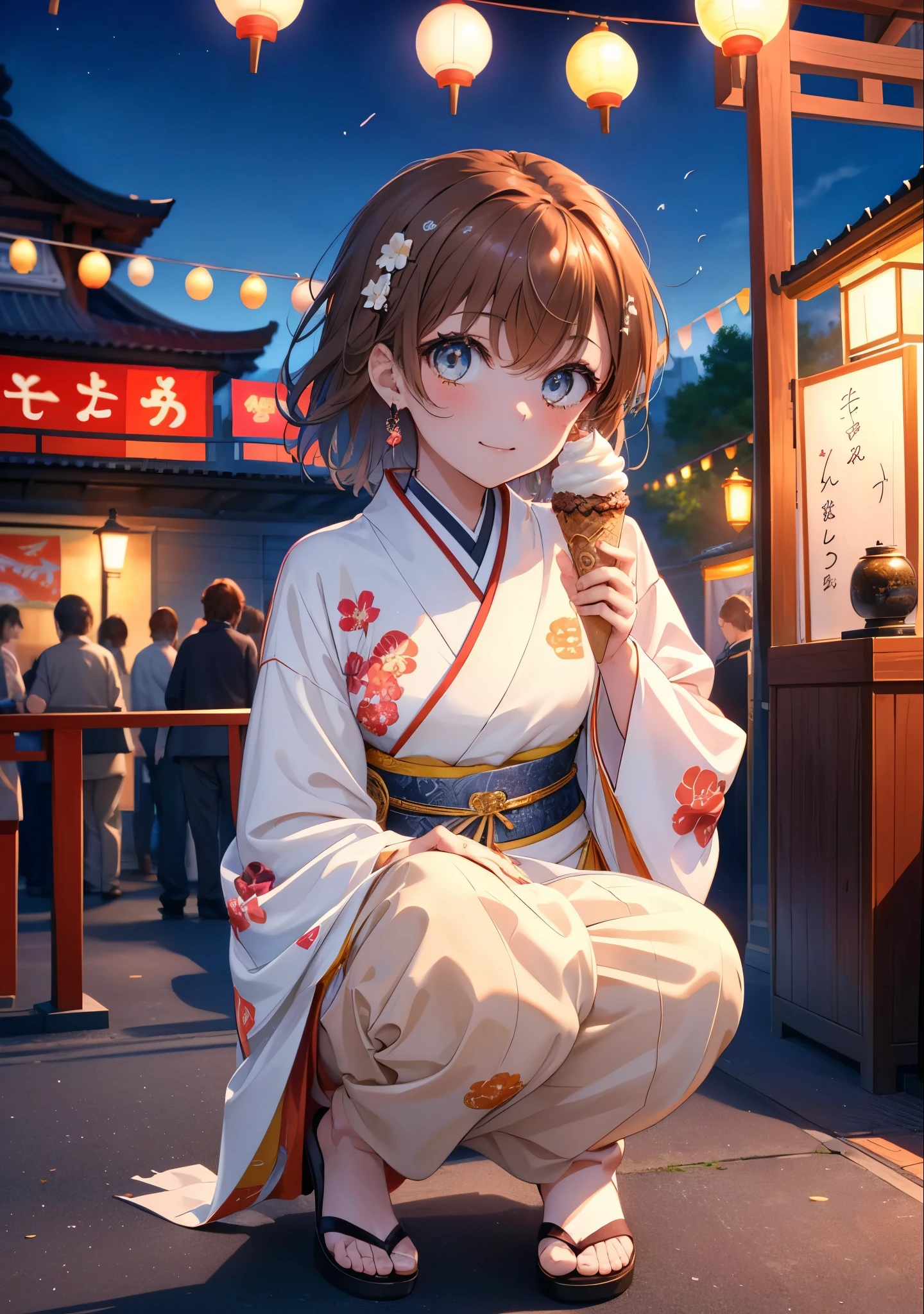 Mycotrose, Brown eyes,Brown Hair,short hair,One side up,Flower Hair Ornaments,Open your mouth,smile,White Kimono,Long skirt,Sandals,Holding ice cream in one hand,日本のfestival,夏festivalの屋台,Red lantern,whole bodyがイラストに入るように,night,
break looking at viewer,whole body,                 　　　　　break outdoors, festival,shrine,                                                             break (masterpiece:1.2), Highest quality, High resolution, unity 8k wallpaper, (shape:0.8), (Beautiful and beautiful eyes:1.6), Highly detailed face, Perfect lighting, Extremely detailed CG, (Perfect hands, Perfect Anatomy),