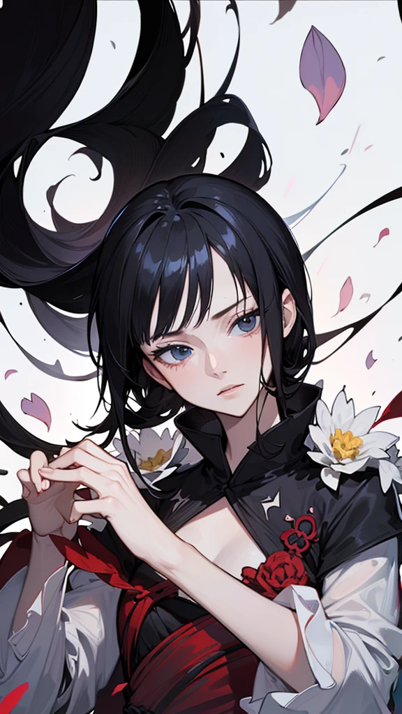 Official Art, unity 8k wallpaper, Very detailedな, Beautiful yet fleeting、beautiful, masterpiece,((One Woman)) Highest quality,White flower, Flower Ecstasy, Very detailed, Black Hair、Dynamic Angle, ((Black Hair), (())The most beautiful form of chaos, (()).elegant, Vibrant colors, Romanticism, James Jean, Robbie Dawi Anton, Ross Tran, Francis Bacon, It was very cold, Petra Cortright, Gerhard Richter, takato yamamoto, Ashley Wood, Atmospheric