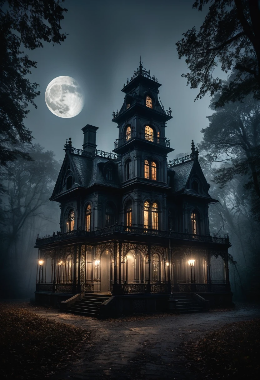 A dark and gloomy haunted mansion nestled in a dense, foreboding forest, with a pale, luminous moon shining through the mist, creating an eerie, monochromatic atmosphere, ornate windows with iron bars, a small lamp flickering inside, professional lighting, professional camera
