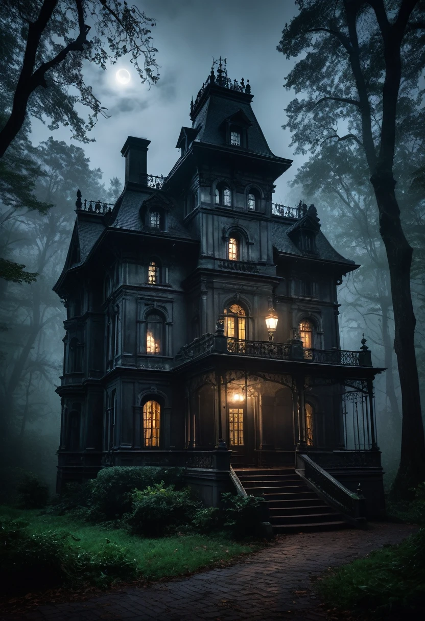 A dark and gloomy haunted mansion nestled in a dense, foreboding forest, with a pale, luminous moon shining through the mist, creating an eerie, monochromatic atmosphere, ornate windows with iron bars, a small lamp flickering inside, professional lighting, professional camera