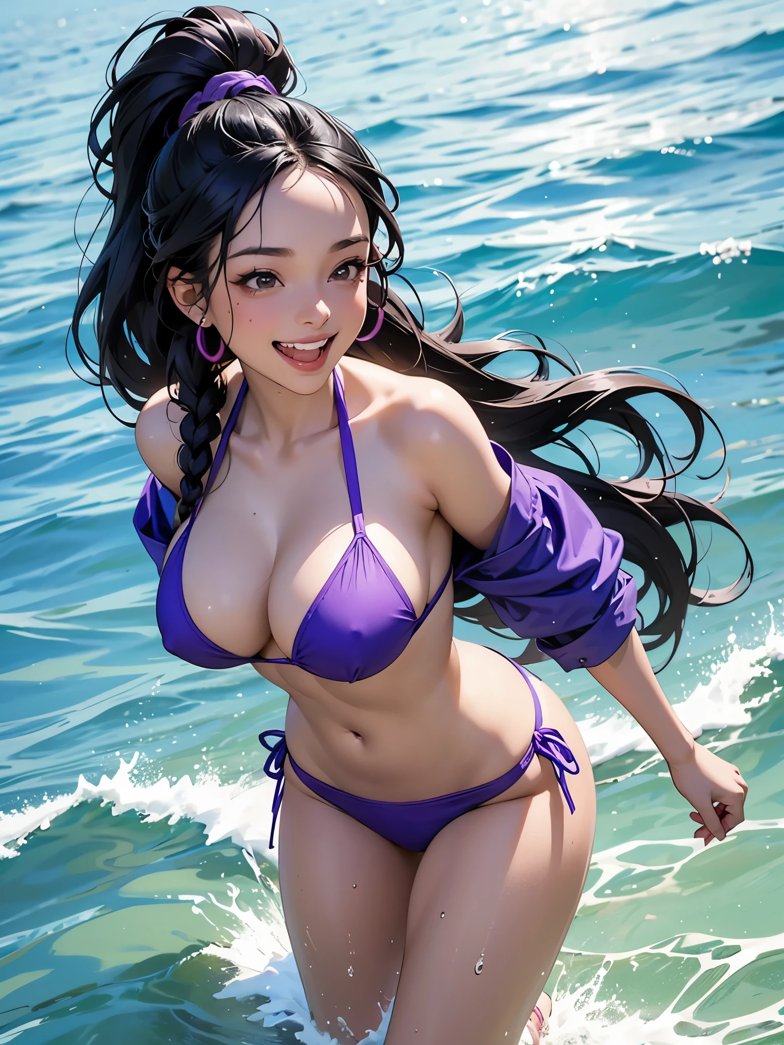 A playful Black woman with long, braided hair styled in a high ponytail. She is laughing and splashing water, dressed in a vibrant purple bikini.. huge boobs. she is walking 