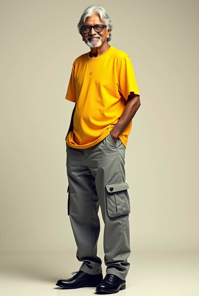 Creat a ( Dr APJ Abdul Kalam) photo full-body, 8K resolution, high-definition image of a person styled as a modern fashion influencer. The individual should be wearing black shoes, a yellow tshirt, and grey cargo pants.  Mahatma Gandhi stand up in attractive pose , The image should have a realistic and contemporary appearance, with the person looking directly at the camera. The photo should also have an analog photography effect to give it a vintage vibe. Note: this emage is a (Dr APJ Abdul Kalam)
