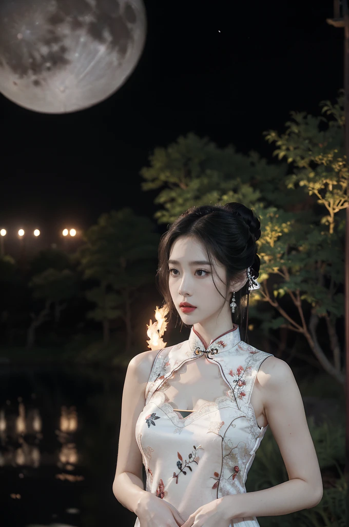 (((best quality))),(((ultra detailed))),(((masterpiece))),illustration,((1 beautiful girl,solo)),(bun hair:1.2),(Ghostly makeup:1.3),(fair skin:1.5),(red lips:1.2),(earrings:1.2),((slim,thin)),((small breasts,flat chest,cleavage)),(black floral embroidered lace sleeveless cheongsam:1.5),(slender legs:1.2),(stockings:1.3),(standing:1.3),(A huge moon in the sky:1.3),(moonlit Chinese garden courtyard:1.3),(Ghost Festival:1.3),(Ghostly flames are drifting in the air:1.3),elegant and sophisticated,intricate patterns,curves,dark color,striking visual appeal,ethereal,enchanting,ghostly white blossoms,swaying branches,stone pathways,moss,eerie shadows,ancient pavilion,intricate wooden structure,mystery and intrigue,cicadas chirping,auditory symphony,embodiment of the festival's spirit,bathed in the moon's glow,delicate features,raven-black hair,waterfall of darkness,moon's luminance,captivating allure,sleek fabric,clung to frame,accentuating curves,highlighting beauty,striking appearance,ethereal beauty,hauntingly beautiful scene,captured essence,blend of beauty and mystery,(night scene:1.3),((from front,upper body))