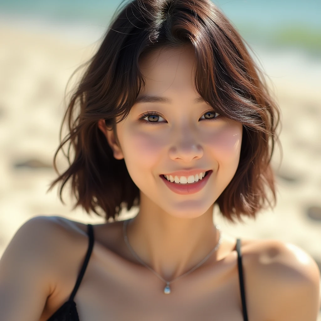 ((top-quality、8K、​masterpiece:1.3))、1girl in、Slim Abs Beauty:1.3、(Hairstyle Casual、huge tit:1.2)、qipao dress:1.1、Super fine face、Delicat eyes、二重まぶた、a smile、sand beach