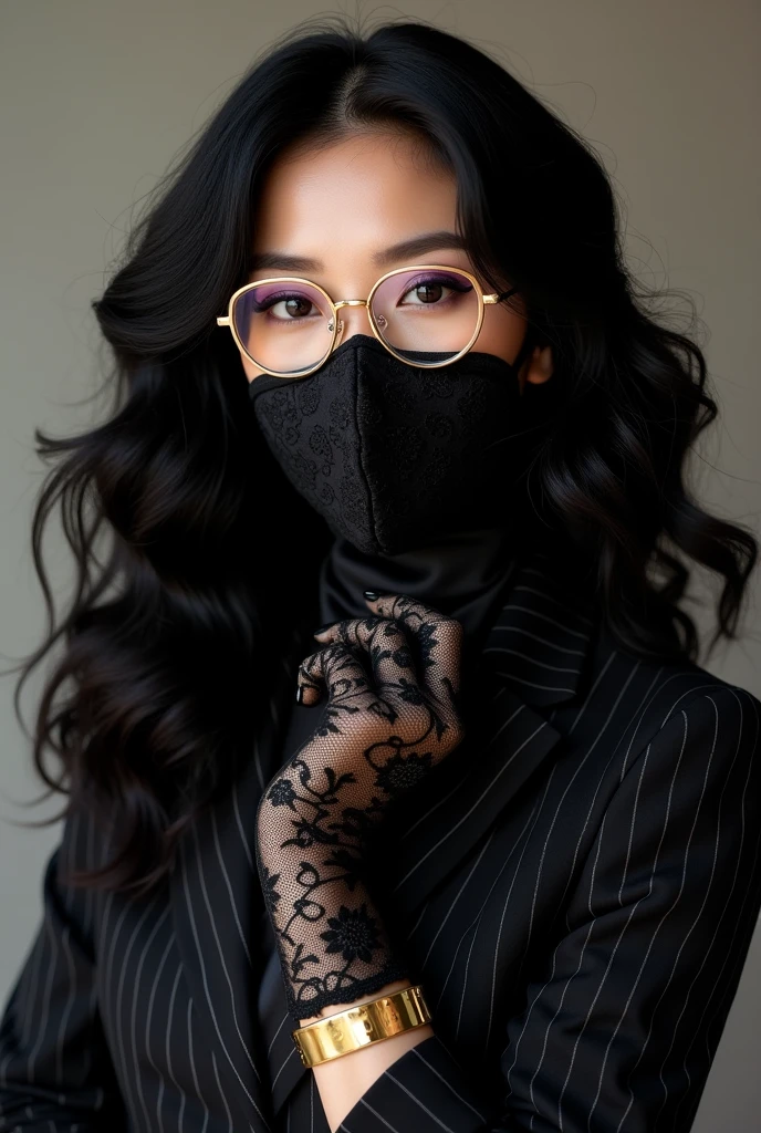 With long, curly black hair、Heavy makeup and purple eyeshadow、Around her neck she wears a ribbon-shaped satin black and gold patterned scarf.、Wearing gold-rimmed glasses、Wearing long gloves made of black floral lace、Gold bracelet、A Japanese woman in her 40s wearing a black striped suit、She is wearing a black face mask made of lace.