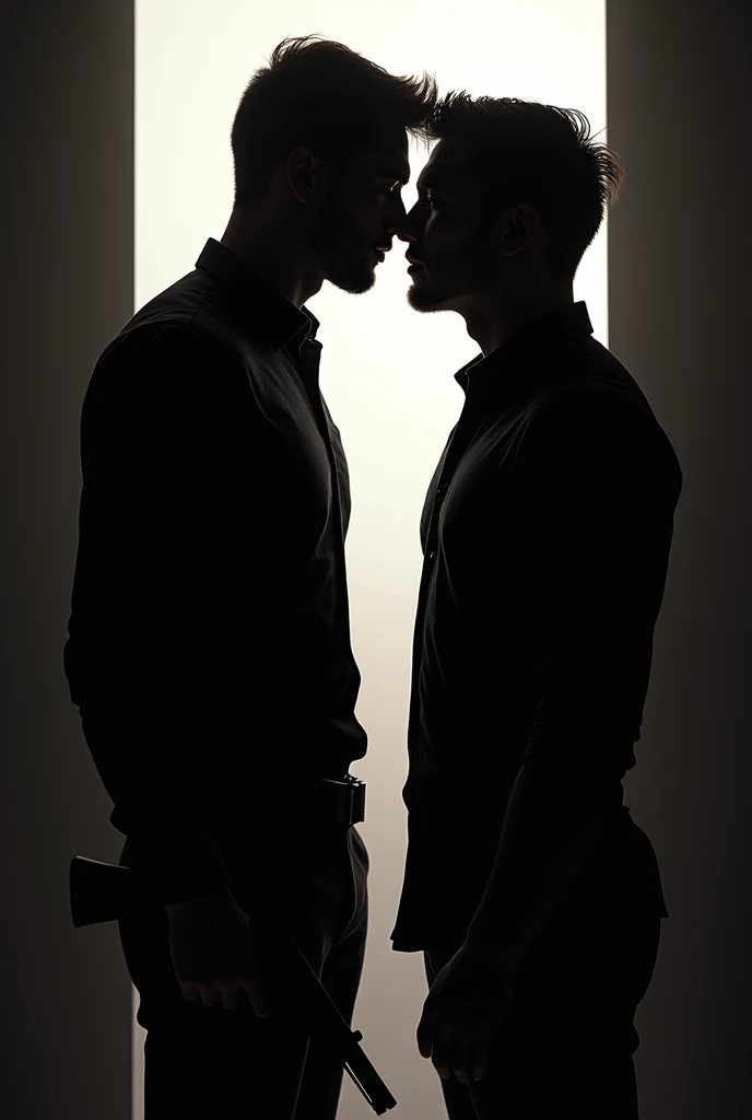 (photorealism:1.2), Create a dramatic, silhouetted scene featuring two figures of men in an intense moment of connection, their faces close together as if about to kiss. One of the figures holds a gun, adding an element of danger and intrigue to the scene. The background is a stark, lighted rectangle, contrasting with the dark silhouettes of the characters. The overall atmosphere should be mysterious and charged with tension, hinting at a story of forbidden love or a dangerous alliance.