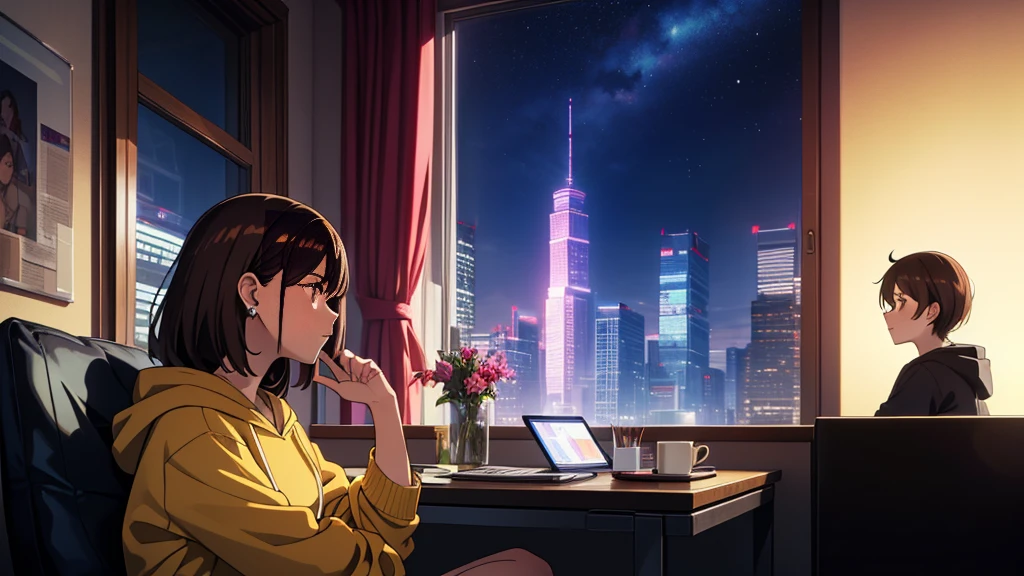 masterpiece, best quality, high quality, detailed, ultra detailed, hyper detailed, insanely detailed, exquisite, beautiful, FHD, Full-HD, 4K, 8K, 16K, highres, absurdres, skyscraper, city, 1girl, intelligent, sitting, looking to the side, brown hair, brown eyes, hoodie, shorts, piercing, in the room, with a starry sky, with a galaxy, at night, beautiful, lo-fi, side view, moonlight