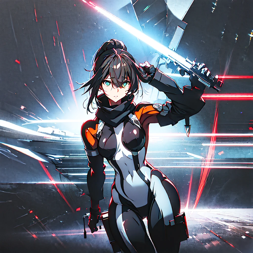 a fearsome female cybernetic ninja, sleek metallic exosuit covering entire body, heavy AWP sniper rifle on back, digital SLR camera, ray traced lighting, 3D concept art, action painting style, cinematic lighting, dramatic chiaroscuro, highly detailed, exaggerated feminine curves, long elegant white ponytail hair, 8K masterpiece resolution, hints of killing and terror, billowing red scarf, war-torn cityscape background