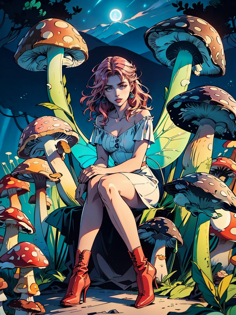 a picture of an exquisite beautiful female fairy sitting on a (Bioluminescent Mushroom: 1.4)  under the starry night sky at the forest, dynamic angle (ultra detailed, Masterpiece, best quality), ultra detailed face (ultra detailed, Masterpiece, best quality), ultra feminine, fare skin, (pink hair: 1.2), wavy hair, dynamic eyes color, glowing eyes, intense eyes, red lips, wearing white dress, elegant silk dress (ultra detailed, Masterpiece, best quality), butterfly wings butterfly_wings (ultra detailed, Masterpiece, best quality), wearing high heeled boots, phosphorous glowing  gl0w1ngR (Bioluminescent Mushroom: 1.3), with vibrant green shade, vibrant blue shade, sky full of stars background, moon, beat details, best quality, 8k, [ultra detailed], masterpiece, best quality, (ultra detailed), full body, ultra wide shot, photorealism, fantasy art, gl0w1ngR,