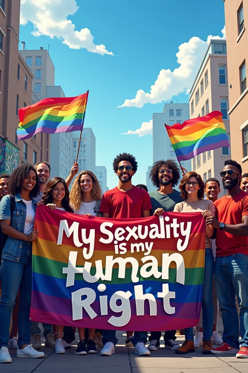A powerful and striking image of a diverse group of men and women, both Black and white, standing together in solidarity . holding a vibrant, 3D cursive typography message on the protest banner reads "My Sexuality is my Human Right." Rainbow flags and Transgender flags flutter in the background against a blue sky and city skyline, emphasizing the LGBTQ+ presence. The atmosphere is light and airy filled with pulsating energy, capturing the strength, love, and support that emanates from this inclusive and accepting gathering. The graffiti on the walls around them adds a layer of vibrant color and urban edge, further fueling the sense of unity and activism., vibrant, graffiti's, the style is vector art