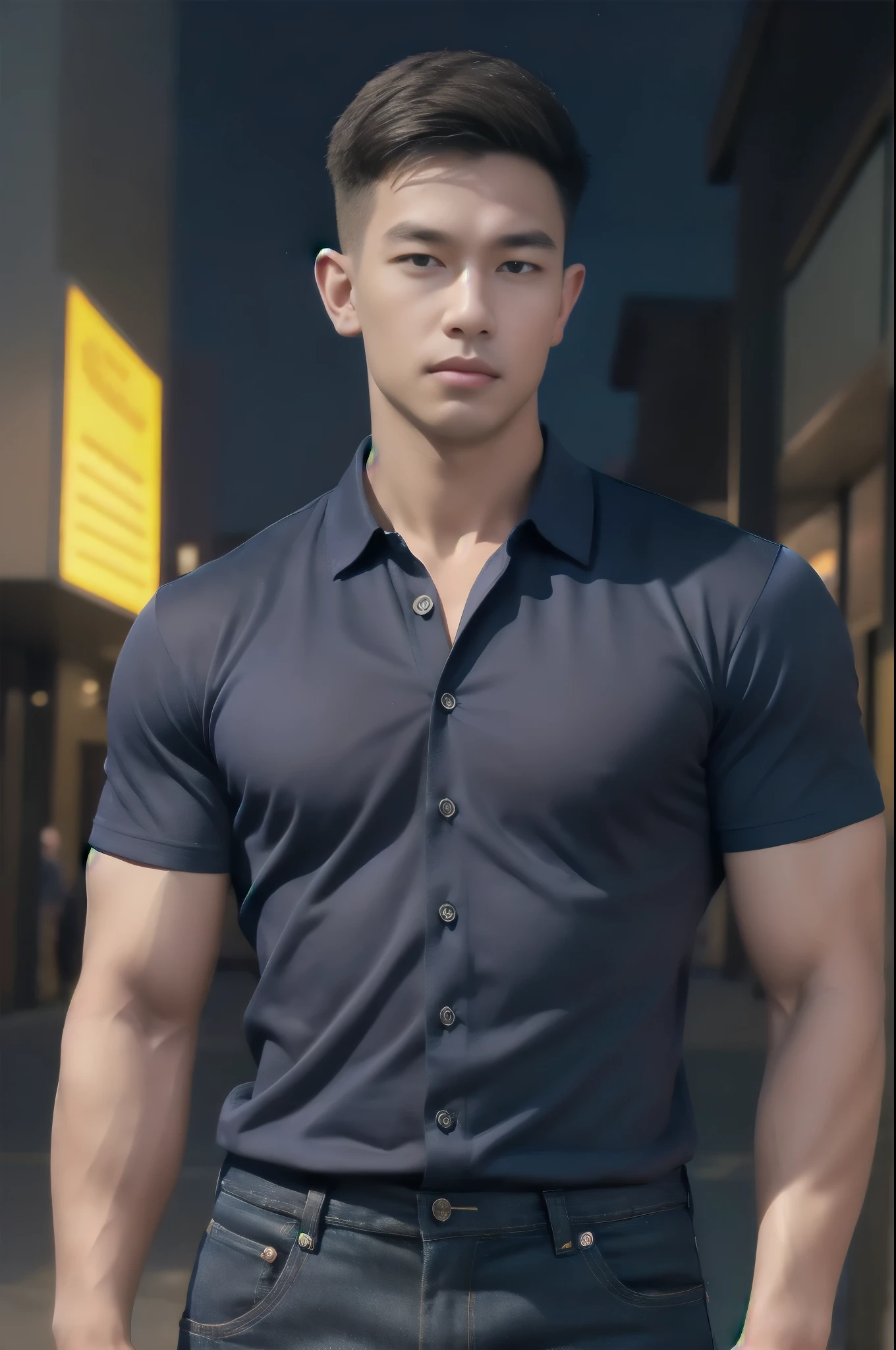 (armface:1.3) , Handsome young man standing, (have a mustache:0.8) , (short hair:1.2), The forearms are muscular., (Collared shirt with buttons:1.2), (Navy blue shirt:1.2),Jeans, Big muscles, Handsome and muscular, full body angle, (In front of the department store:1.1), , (nighttime:1.3), Neon lights