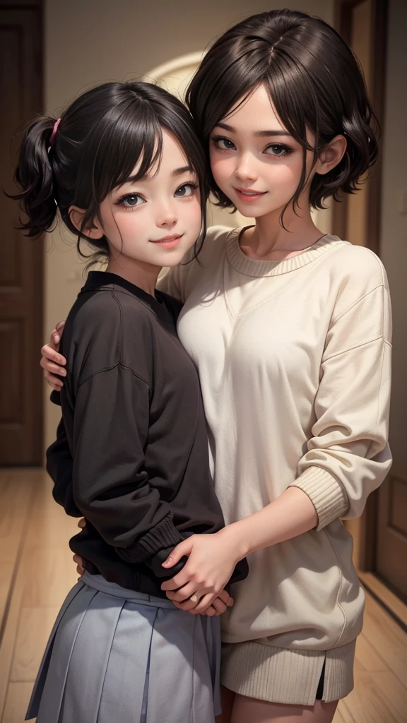 “Create an anime-style image of two characters, one older and one younger, sharing a happy and affectionate moment. The older character is gently holding the younger character’s head with both hands, while they both smile warmly at each other. The older character should have short, dark hair and be wearing a long-sleeved shirt or sweater, while the younger character has a similar short, dark hairstyle and is wearing a school uniform. The overall mood should be heartwarming and filled with brotherly or sibling affection.”