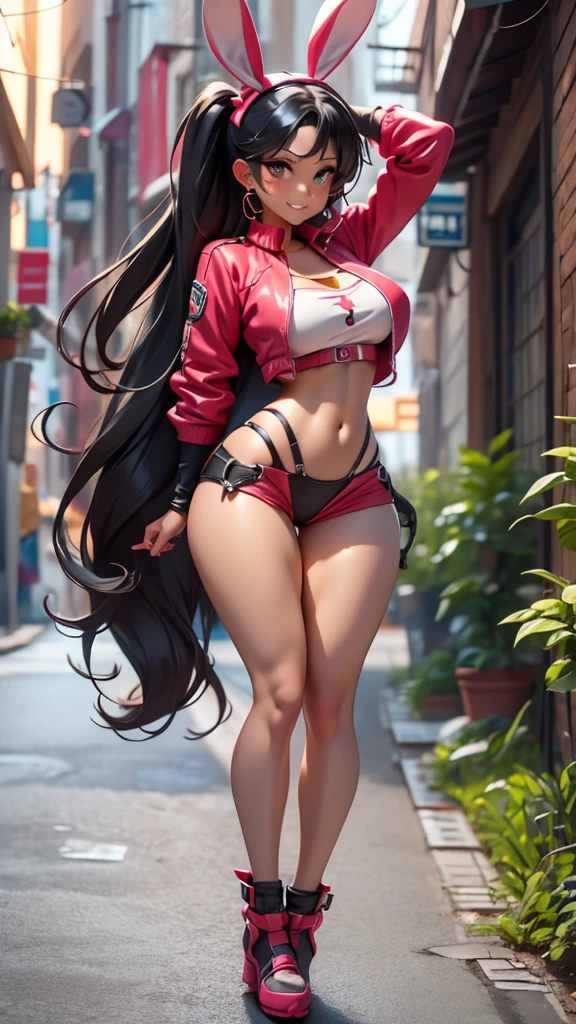 ((Large body,tall, long legs, big thighs, wide hips,)), smile, high quality, masterpiece, sweatdrop, tall female, mirko, dark-skinned female, arched back, building alleyway, sunset, bunny ears, ((hero uniform)), midriff, ((long hair,)) , shiny skin, glistening body, sweatdrop, looking at viewer,shiny skin, shiny body, full body,