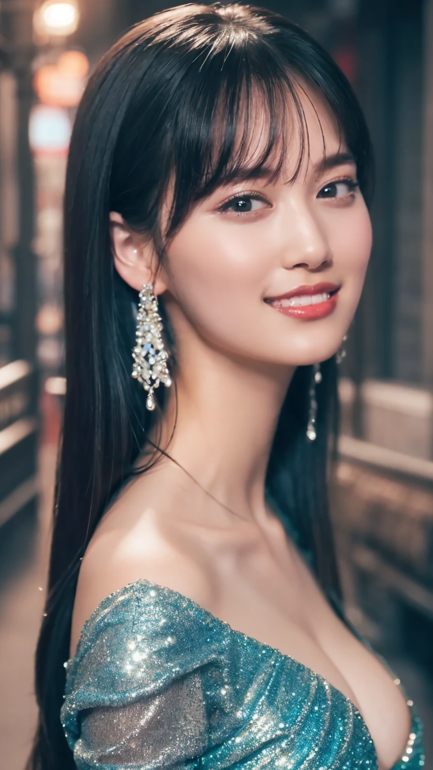 1girl,(wearing a blue glittery evening dress:1.2),(RAW photo, best quality), (realistic, photo-realistic:1.4), masterpiece, an extremely delicate and beautiful, extremely detailed, 2k wallpaper, Amazing, finely detail, extremely detailed CG unity 8k wallpaper, ultra-detailed, highres, soft light, beautiful detailed girl, extremely detailed eyes and face, beautiful detailed nose, beautiful detailed eyes,cinematic lighting,city lights at night,perfect anatomy,slender body,light smile,close up,(long hair with bangs), big breast,open shoulder,NSFW 