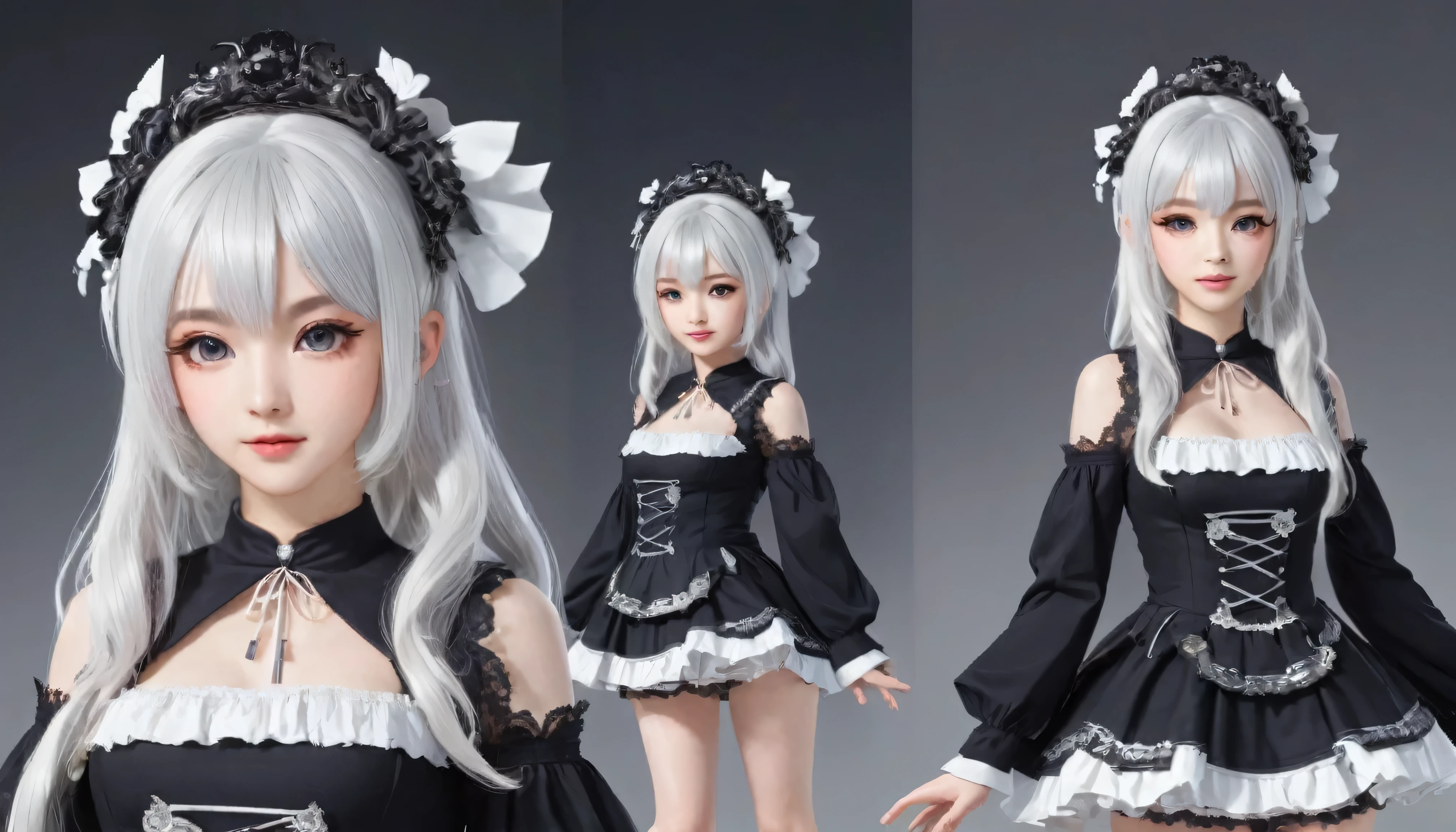 ((masterpiece)), (Highest quality))), (Character design sheet, National costume, same characters, front, ~ side, return), figure, 1 girl, whole body, Silver Hair, eyes hair, Beautiful Eyes, Princess Cut, Environmental change scene, Short skirt, Shyness, woman, girl, Are standing, Gothic ta, VTuber, Chartern Betarola, (simple returnground, white returnground: 1.3) ( masterpiece:1.2), (Highest quality:1.3)