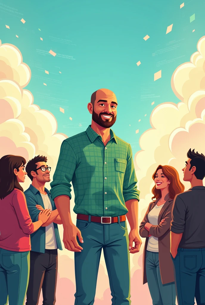 Manager managing employyes. Picture for his gratitude. Manager is little bald and in tech domain. You can use coding theme. Cloud theme. Use his name Dipen. Not too bald. And he is tall. He wears green checks shirt and jeans. Make it more cartoony