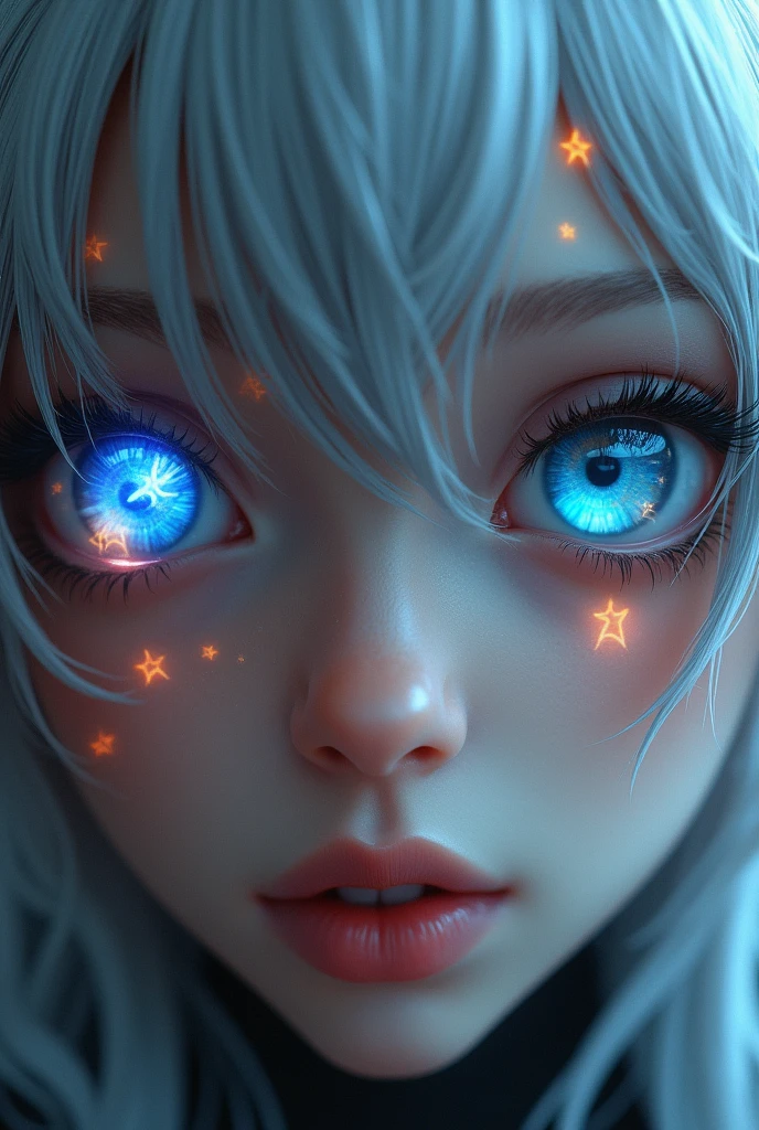 (Close-up of a better masterpiece:1.5)0.9],(Messy silver hair:1.1) (Heterochromia xanthochromia and blue eyes:1.2) (Colored stars in the eyes:1.0) (A radiant glow:1.1) (thick lips:0.9) (feet:1.2)
