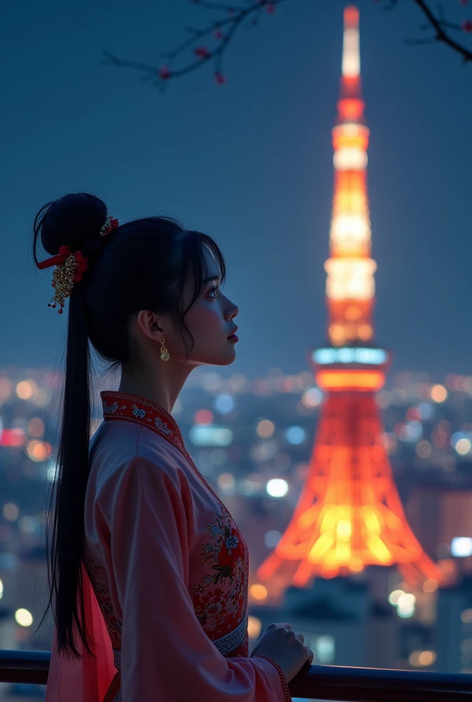 A beautiful chinese girl stand near Tokyo tower of Japan at night time