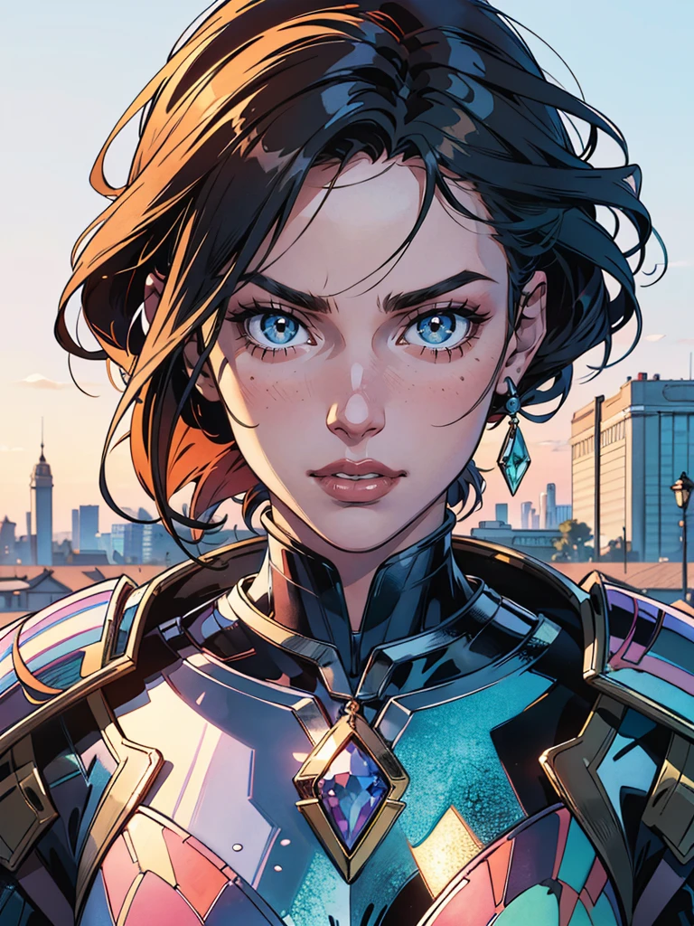 ((Best quality)), ((masterpiece)), ((highly intricate details)),beautiful, high quality, highres, absurdres, light difussion, intricate details, complex details, ((anime)), (anime:1.2) , (perfect face:1.3), extreme detailed eyes, colorful, highest detailed, vibrant colors, high contrast, (8K UHD:1.2), (photorealistic:1.2),(masterpiece:1.4), (best quality:1.4), realistic,medium breast.masterpiece, high quality, 3d, 8k cg, intricate details, detailed background, sacred. ornaments, byDylanKowalski, ((1girl)), upper body, muscular, skindentation, looking to the side, short hair, prosthesis, mechanical arms, synthetic skin, porcelain, pearl, holographic, titanium, diamond, ruby, sapphire, gemstones, clockwork, grunge, worn edges, armor,