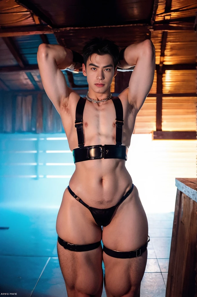 Black hair, Big bulge, very hairy armpits, hairy pubic, hairy crotch, Cute handsome face, In the dirty alley, Zephyr stands bound, WEARING Tiny thong, his wrists encased in supple leather cuffs that accentuate the lines of his forearms. A bondage chest harness adorns his upper body, its intricate design revealing the play of shadows on the exposed skin of his chest. The ambient lighting casts a warm glow, creating an interplay of light and darkness. Zephyr's legs, enveloped in calf-to-thigh leather restraints, add a visual symmetry to the scene. The leather straps, secured with meticulous precision, enhance the aesthetic appeal of his bound form. The absence of a body panel in the chest harness exposes his torso, highlighting the vulnerability and sensuality of the moment. As Zephyr's hair falls slightly disheveled around his face, the room captures the scents of leather and anticipation. The alley becomes a canvas for the visual impact of restraint, each element contributing to the immersive experience. The intricate details of the bindings and the interplay of light create a visually compelling scene, ripe for exploration by an AI image generator. Both Arms behind back, handcuffed. Nipple clamps. , full bodyesbian , epic reality , epic photorealistic , ultra realism , photorealistic , only male , only boy , full length shot (fls) , wearing sexy micro string thong , arms up, handsome korean boy , (topless) , sex slave. ,bondage collar chain , standing , wide hips , wide pelvis , phat hips. , thick thighs , (warm tone photo) , very tight , (stocking garter) , snake eyes, thin lip. Buzz cut hairstyle, (((unrealistic wide hips , unrealistic wide pelvis ,plump hips))),((wearing skinny skindentation stocking))