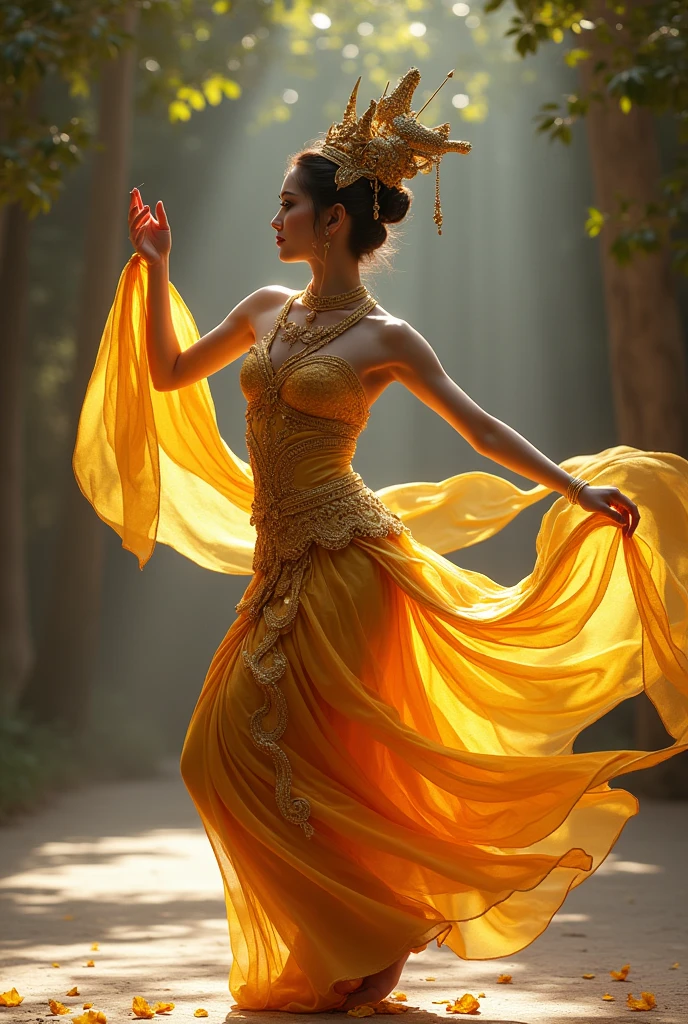 នារីរបាំខ្មែរកំពុងរាំយ៉ាងស្អាត មានក្បាលនាគនៅលើក្បាលនាងផង នាងស្លៀកសំលៀកបំពាក់ព៌ណមាស ខ្ញុំអង្គុយមើលនាងសើចយ៉ាងរីករាយ