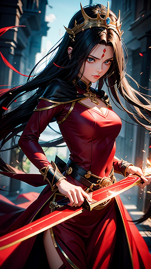 MAKE A PHOTO OF A MATURE WOMAN ANIME CHARACTER "QUEEN MEDUSA" HIGHLIGHTING SHARP EYES , BLACK HAIR UNLOCKED, THE QUEEN'S CROWN IS RED IN THE DONGHUA MANGA SERIES "WITH A TYPICAL CHIRI OF AN UNSEXY DRESS IN RED. AND HOLDING A RED SWORD.