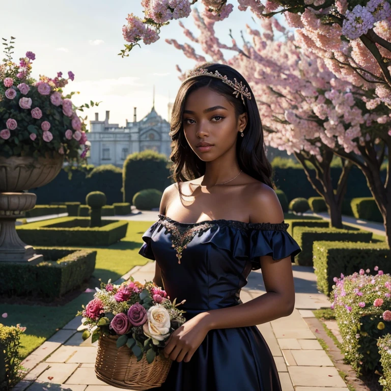 (​masterpiece, best quality:1.5), highest quality, High resolution, super detailed, Realists, Upper body photo of a 22 year old black flower girl, dark skin, detailed and beautiful eyes, beautiful detailed lips, very detailed eyes and face, longeyelashes, 22-year-old woman in a dark blue short dress made of shiny satin fabric, Beautiful and colorful makeup, elegant and noble々Pose,shiny satin headband, grind, Holding flowers, Gardens as background, soft daylight, bright colors, fine brushstrokes, Portrait style, Noble details in the dress fabric, beautiful color palette, glowing skin, First-class rendering, that captures every detail, enchanting atmosphere, subtle shadows and lights, (perfect anatomy:1.2), (The stunning 22-year-old flower girl carries a basket of rose petals. (magnificent panorama view:1.2)