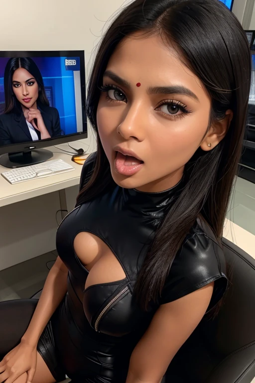 Indian、Supermodel、Tight black suit、Giving a blowjob、news caster