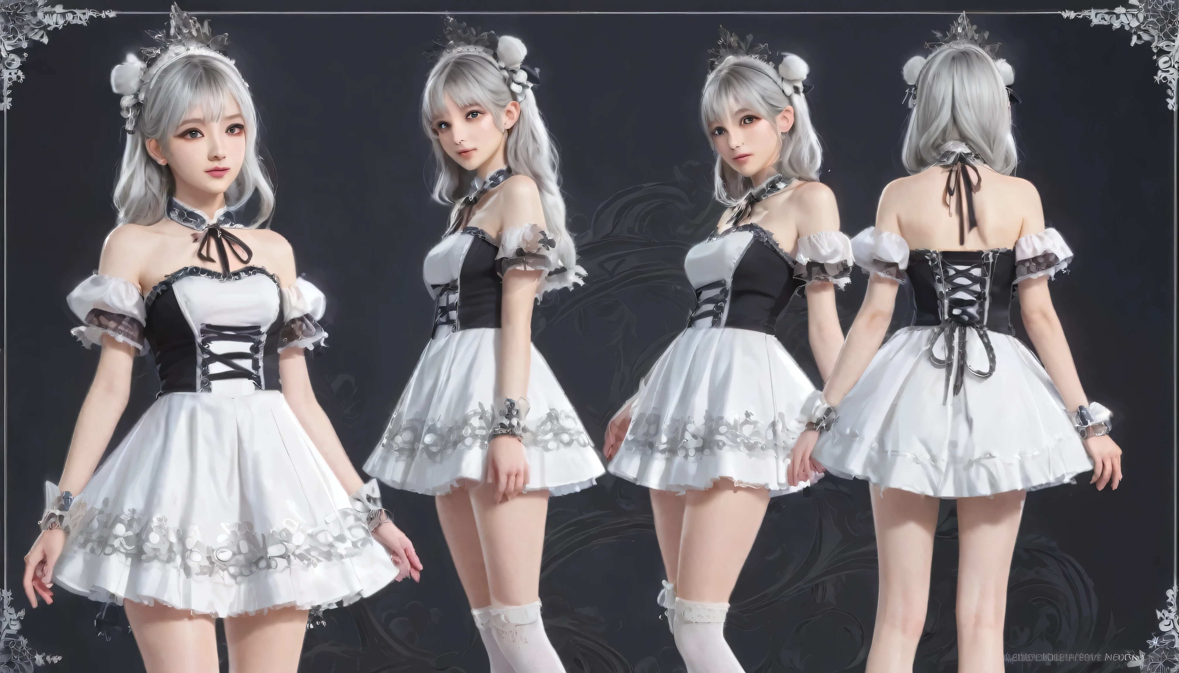 ((masterpiece)), (Highest quality))), (Character design sheet, National costume, same characters, front, ~ side, return), figure, 1 girl, whole body, Silver Hair, eyes hair, Beautiful Eyes, Princess Cut, Environmental change scene, Short skirt, Shyness, woman, girl, Are standing, Gothic ta, VTuber, Chartern Betarola, (simple returnground, white returnground: 1.3) ( masterpiece:1.2), (Highest quality:1.3)
