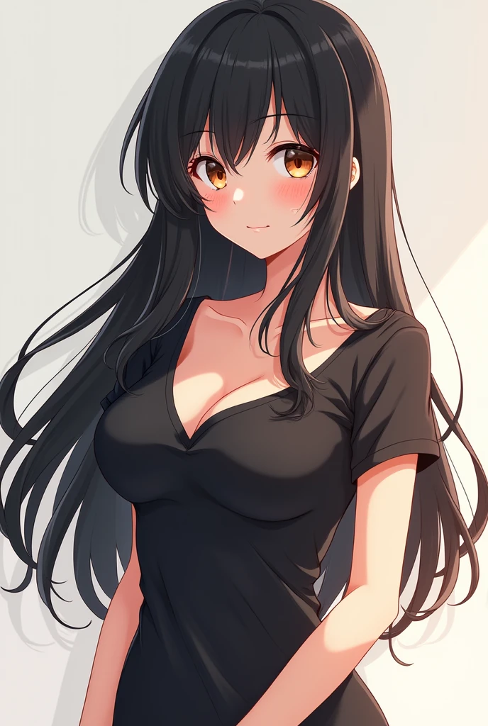 Anime girl with black long hair with bangs, brown eyes, hourglass waist, healthy slim, pretty, attractive, cute, 164cm, with jujutsu kaisen artstyle
