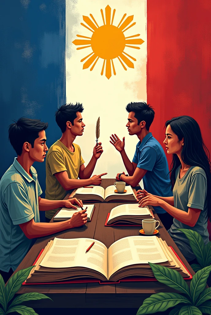 1. **Background**: Gumamit ng mga kulay ng bandila ng Pilipinas (pula, puti, asul, at dilaw) upang ipakita ang pagkakilanlan ng bansa.
2. **Visual Elements**:
- Isama ang mga imahe ng mga aklat, quill, o mga tao na nakikipag-usap upang ipakita ang wika.
- Maaaring magdag ng simbolo ng kalayaan, tulad ng ibon o bandila, na lumilipad.