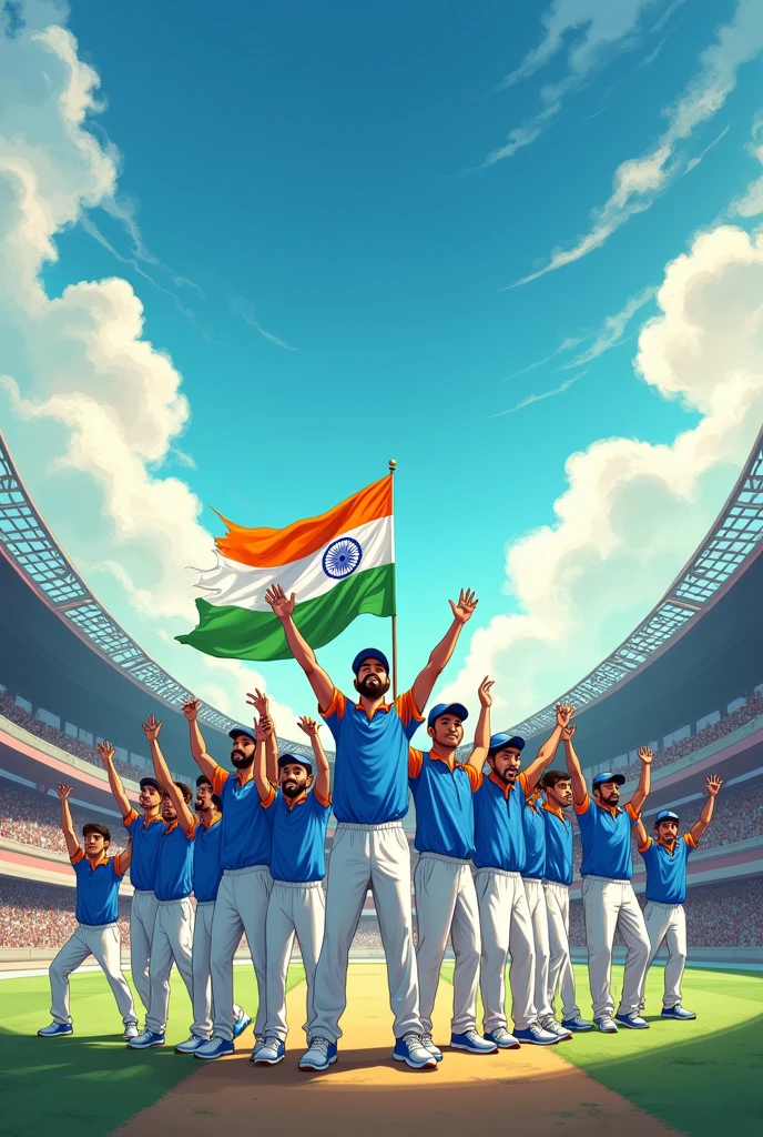 Drawing for India independence day with stadium, Ashok chakra, Olympic, T20 worldcup wining IND team, tricolour Indian flag, cloud, gross and animation