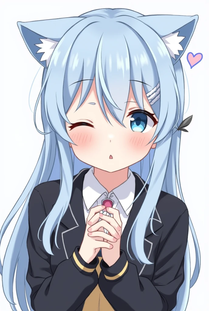  One girl, Animal ears, blue eyes, Long Hair, Blue Hair, Long sleeve, bangs, Cat ear, heart, Mouth closed, Upper Body, Focus Only, hair ornaments, Sleeves are longer than the wrist, blush, White Background, collared shirt, Simple Background, shirt, View your viewers, Jacket, black Jacket, One side up, Hair between the eyes, Slope, ;3, Slope background, Blue background, Oral sex,Blowjob,nsfw,Sperm on face,Open your mouth,saliva,In heat