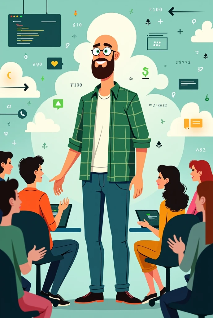 Manager managing employyes. Picture for his gratitude. Manager is little bald and in tech domain. You can use coding theme. Cloud theme. Use his name Dipen. Not too bald. And he is tall. He wears green checks shirt and jeans. Make it more cartoony. Less beard. Green eyes