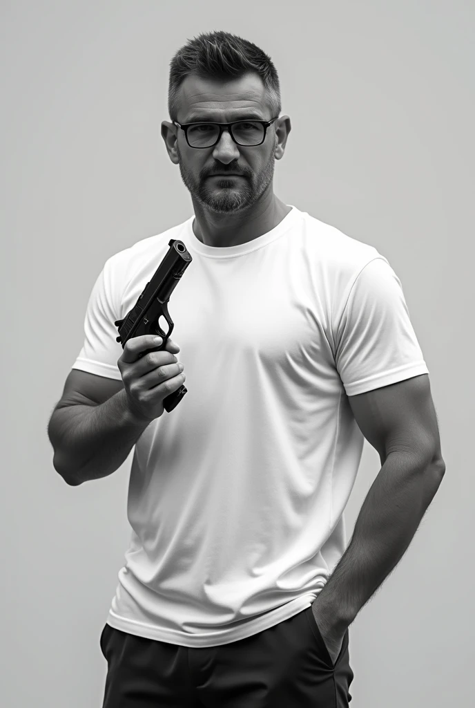 Summer Olympic Games: Pistol shooting competition,(A male player holds an air pistol in one hand、Trying to launch.),Shortcuts,50 years old,Turkish Handsome,T-Shirts,Muscular,Great core,Put one hand in one's trouser pocket,(Man wears glasses),break,(The man is wearing a white T-Shirts: 1.3),break,(白とグレーが混ざったShortcutsの髪: 1.3),break,(A structurally correct competitive air pistol: 1.3),break,Create cool and stylish backgrounds,Black and White,Beautiful light and shadow,((Anatomically correct: 1.3)),((Perfect Anatomy:1.3)),Intricate details,(masterpiece:1.3),(Highest quality:1.4),(Super detailed:1.5),High resolution,Very detailed,unity 8k wallpaper,Best color balance