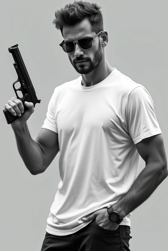 Summer Olympic Games: Pistol shooting competition,(A male player holds an air pistol in one hand、Trying to launch.),Shortcuts,50 years old,Turkish Handsome,T-Shirts,Muscular,Great core,Put one hand in one&#39;s trouser pocket,(Man wears glasses),break,(The man is wearing a white T-Shirts: 1.3),break,(白とグレーが混ざったShortcutsの髪: 1.3),break,(A structurally correct competitive air pistol: 1.3),break,Create cool and stylish backgrounds,Black and White,Beautiful light and shadow,((Anatomically correct: 1.3)),((Perfect Anatomy:1.3)),Intricate details,(masterpiece:1.3),(Highest quality:1.4),(Super detailed:1.5),High resolution,Very detailed,unity 8k wallpaper,Best color balance