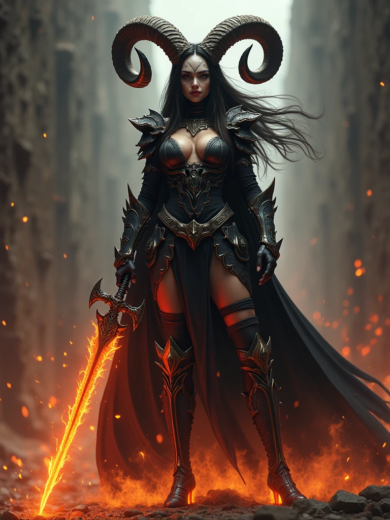 (low angle view:1.5), (fully body:1.5),1 Sexy female Demon Warrior, skull, black armour, (holding a flaming sword:1.4), Crown of the horns of the skeletal ram, Flame Shoes, Dynamic Digital Painting, (bokeh:1.5),Epic composition, improve the quality of the face