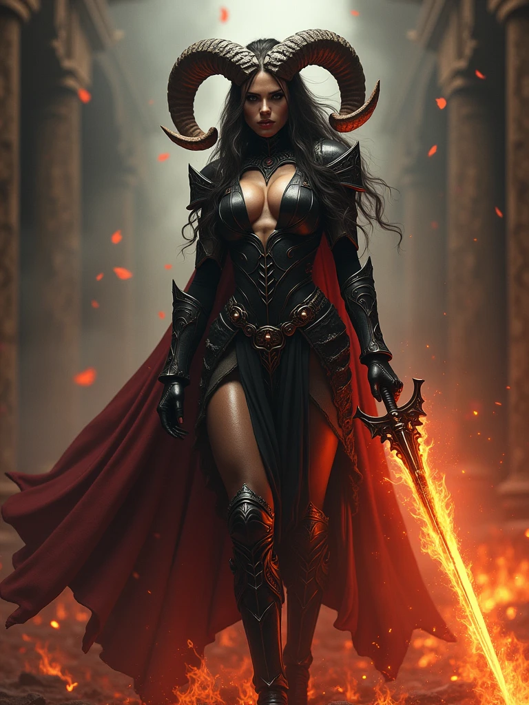 (low angle view:1.5), (fully body:1.5),1 Sexy female Demon Warrior, skull, black armour, (holding a flaming sword:1.4), Crown of the horns of the skeletal ram, Flame Shoes, Dynamic Digital Painting, (bokeh:1.5),Epic composition, improve the quality of the face