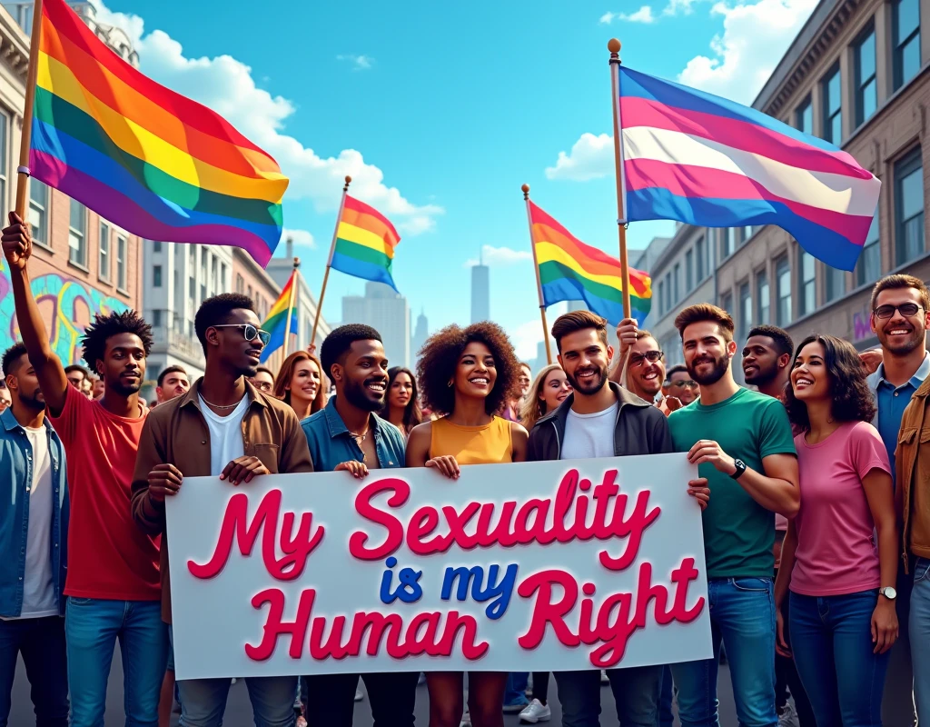A powerful and striking image of a diverse group of men and women, both Black and white, standing together in solidarity . holding a vibrant, 3D cursive typography message on the protest banner reads "My Sexuality is my Human Right." Rainbow flags and Transgender flags flutter in the background against a blue sky and city skyline, emphasizing the LGBTQ+ presence. The atmosphere is light and airy filled with pulsating energy, capturing the strength, love, and support that emanates from this inclusive and accepting gathering. The graffiti on the walls around them adds a layer of vibrant color and urban edge, further fueling the sense of unity and activism., vibrant, graffiti's, the style is vector art