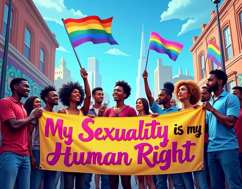 A powerful and striking image of a diverse group of men and women, both Black and white, standing together in solidarity . holding a vibrant, 3D cursive typography message on the protest banner reads "My Sexuality is my Human Right." Rainbow flags and Transgender flags flutter in the background against a blue sky and city skyline, emphasizing the LGBTQ+ presence. The atmosphere is light and airy filled with pulsating energy, capturing the strength, love, and support that emanates from this inclusive and accepting gathering. The graffiti on the walls around them adds a layer of vibrant color and urban edge, further fueling the sense of unity and activism., vibrant, graffiti's, the style is vector art