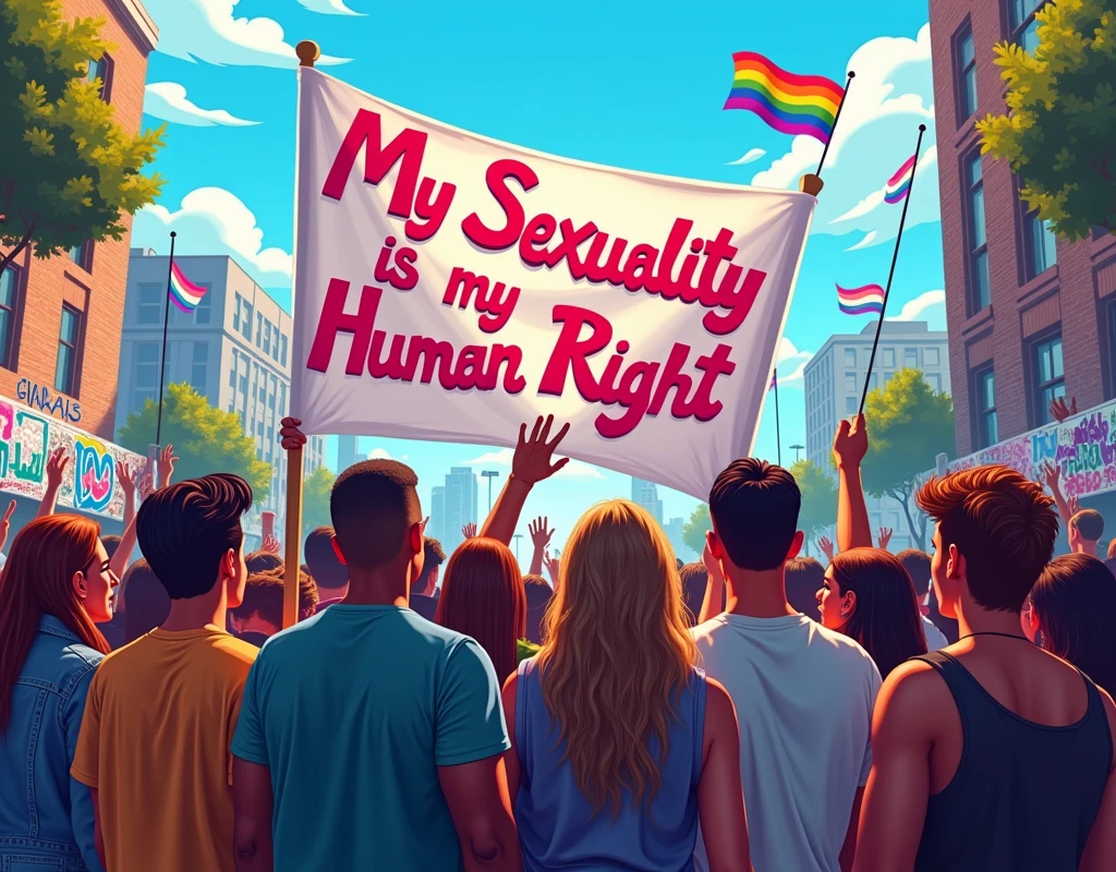 A powerful and striking image of a diverse group of men and women, both Black and white, standing together in solidarity . holding a vibrant, 3D cursive typography message on the protest banner reads "My Sexuality is my Human Right." Rainbow flags and Transgender flags flutter in the background against a blue sky and city skyline, emphasizing the LGBTQ+ presence. The atmosphere is light and airy filled with pulsating energy, capturing the strength, love, and support that emanates from this inclusive and accepting gathering. The graffiti on the walls around them adds a layer of vibrant color and urban edge, further fueling the sense of unity and activism., vibrant, graffiti's, the style is vector art
