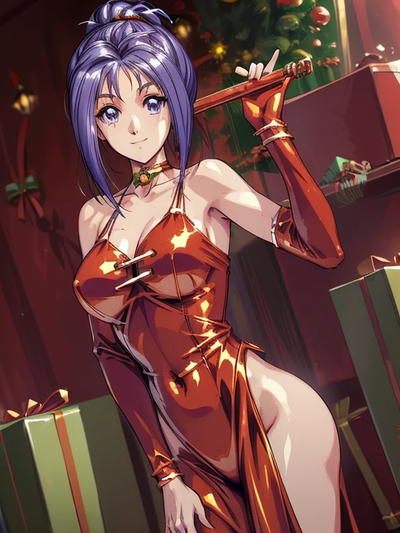 ((masterpiece)),((Ayako Katagiri)),((Katagiri Ayako)),((Mischievous Smile)),Anatomically perfect fingers,(((Christmas))),(((Santa Claus Costume))),winter,Separate costumes,Exposed navel,sexy,Exposed shoulders