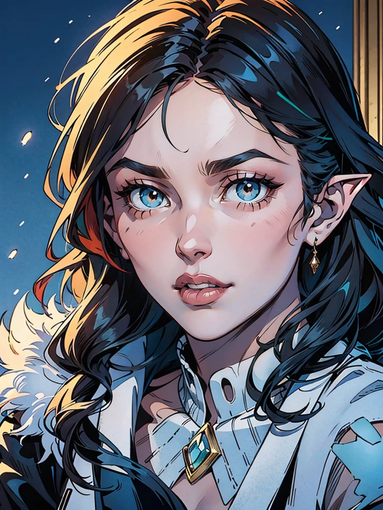 This is a realistic fantasy artwork taking place in a subzero cold winter lEtscape. Générer un majestueux, élégant, Et graceful Pocahontas elf in a magical world of stunning gilded roses with multicolors Et shimmering ice Paillettesing in the light. Her face is élégant Et middle-aged Et includes realistic shading, incredibly detailed Et distinct features, soft puffy Et kissable mouth, Et (Yeux réalistes). (Ses yeux sont importants) Et should be (beaux yeux détaillés avec des détails macro), détails réalistes, Et a shifting array of beautiful blue colors. Ses vêtements doivent être délicatement filés en apesanteur, aéré, Et expensive gossamer silk with delicate Et very subtle floral embroidery, (((beaucoup de couches chaudes))), Et a variety of complementary colors as well as lots of luxurious fur. Her breasts are subtle Et her clothing is very warm Et heavy. This image is incredibly creative Et emphasizes the beautiful detail of the gilded roses Et the pure snow on the ornate ice. Incluez de beaux flocons de neige détaillés, air glacial, Et magical doves. Inclure des cailloux, des pierres, bosses, Paillettes, Et iridescence. caméra: Utiliser des techniques de composition dynamique pour attirer le spectateur dans la scène. éclairage: Enhance the Paillettes of the snow Et ice Et emphasize the fantasy winter aspect of the image. Take inspiration from top masters of the genre Et trending Midjourney Et ArtStation art.