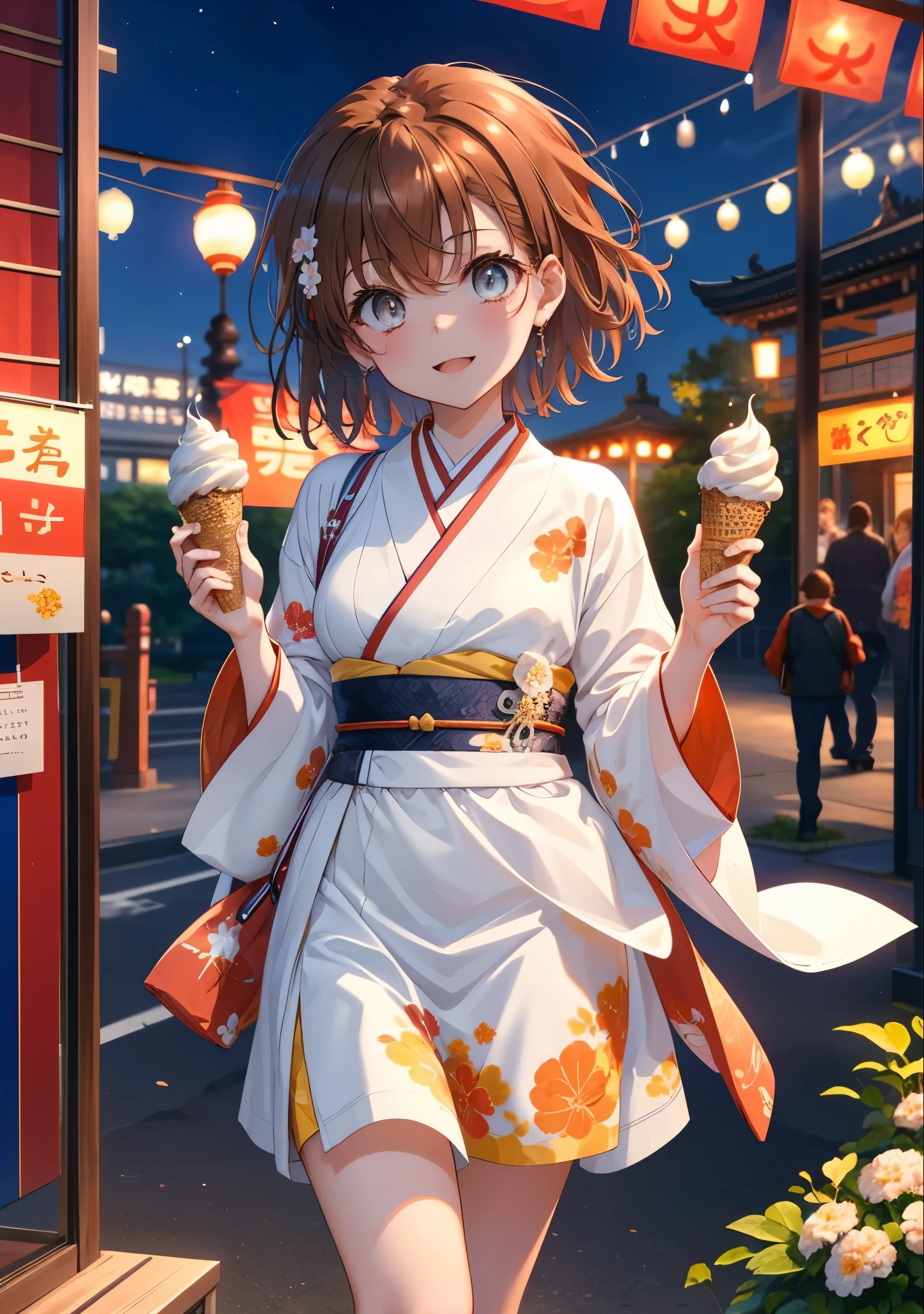 Mycotrose, Brown eyes,Brown Hair,short hair,One side up,Flower Hair Ornaments,Open your mouth,smile,White Kimono,Long skirt,Sandals,Holding ice cream in one hand,日本のfestival,夏festivalの屋台,Red lantern,whole bodyがイラストに入るように,night,
break looking at viewer,whole body,                 　　　　　break outdoors, festival,shrine,                                                             break (masterpiece:1.2), Highest quality, High resolution, unity 8k wallpaper, (shape:0.8), (Beautiful and beautiful eyes:1.6), Highly detailed face, Perfect lighting, Extremely detailed CG, (Perfect hands, Perfect Anatomy),