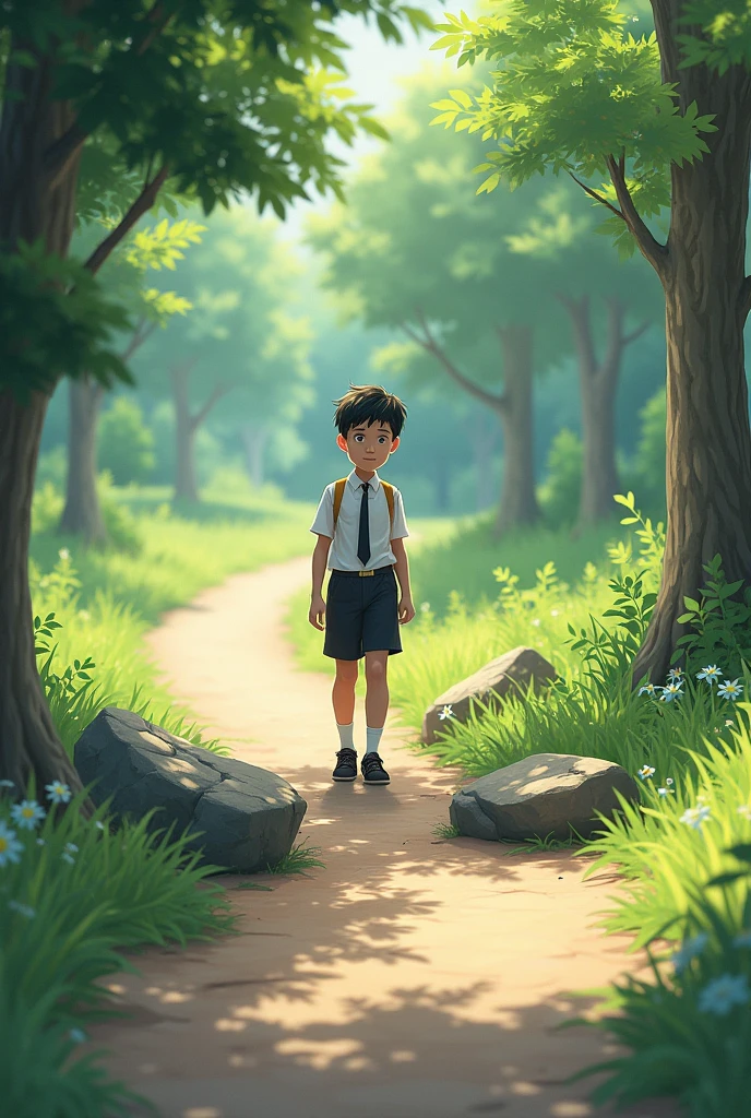 A schoolboy walking along a path. He sees a rock along his path blocking the way